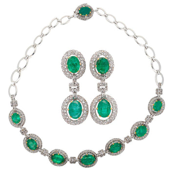 32 Carat Emerald and Rose-Cut Diamond Necklace & Earring Set in 18K Gold – Assay Jewelers