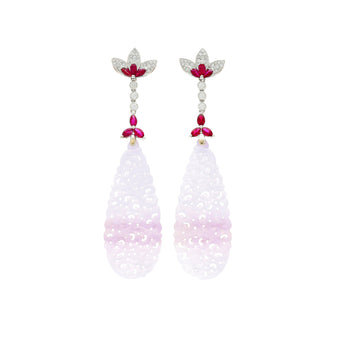 33 Carat Carved Lavender Jadeite Jade Drop Earrings With Rubies & Diamonds – Assay Jewelers