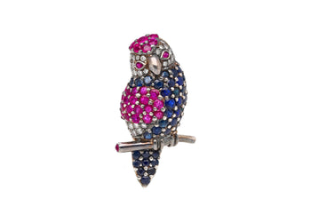 3.14 Carat Pink & Blue Sapphire & Diamond Pave in 18K White Gold Parrot Brooch – Assay Jewelers