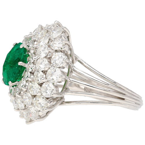 3.19 Carat Oval Cut Emerald Minor Oil & Diamond Cluster Platinum Vintage Ring