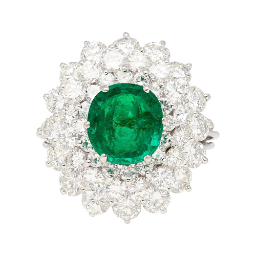 3.19 Carat Oval Cut Emerald Minor Oil & Diamond Cluster Platinum Vintage Ring