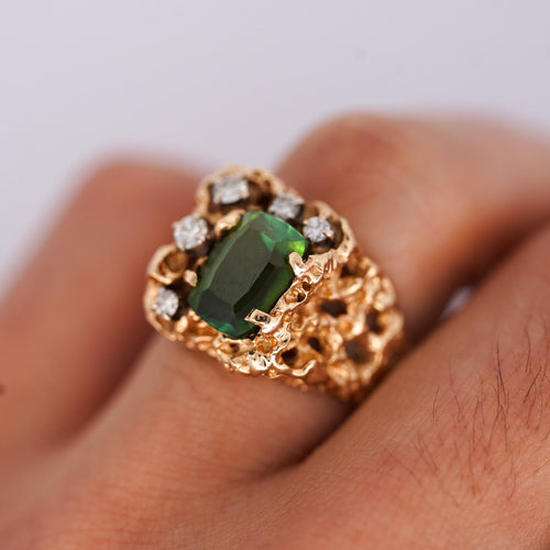 3.5 Carat Green Tourmaline 14K Gold Nugget Mens Ring