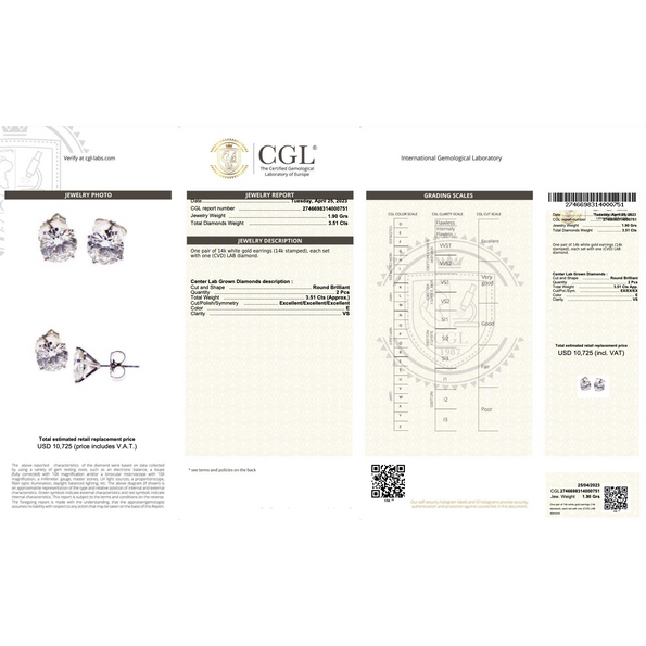 3.51 CTTW Round Lab Grown Diamond Stud Earrings in 4-Prong Martini Setting