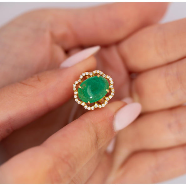 3.6 Carat Cabochon Emerald and Diamond Flower Halo 18K Gold Ring