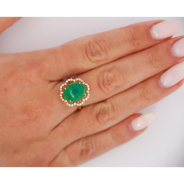 3.6 Carat Cabochon Emerald and Diamond Flower Halo 18K Gold Ring