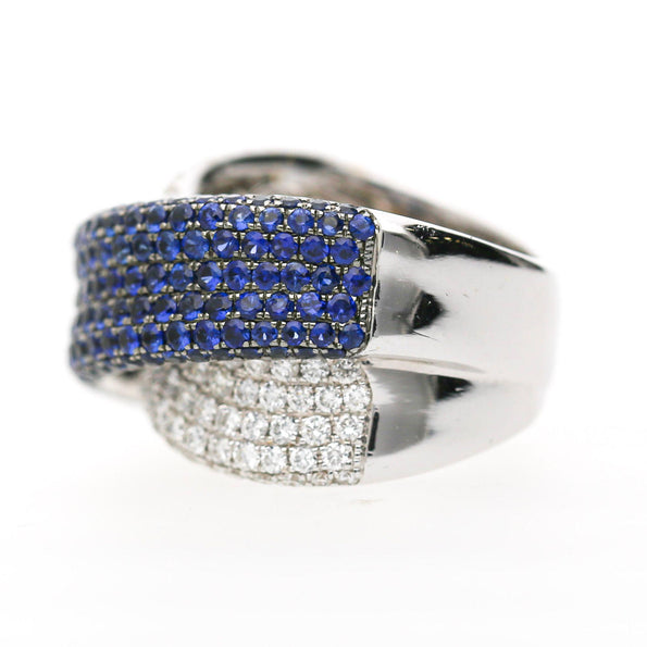 3.72 Carat Blue Sapphire & Diamond Pave 18K Crossover Band Ring
