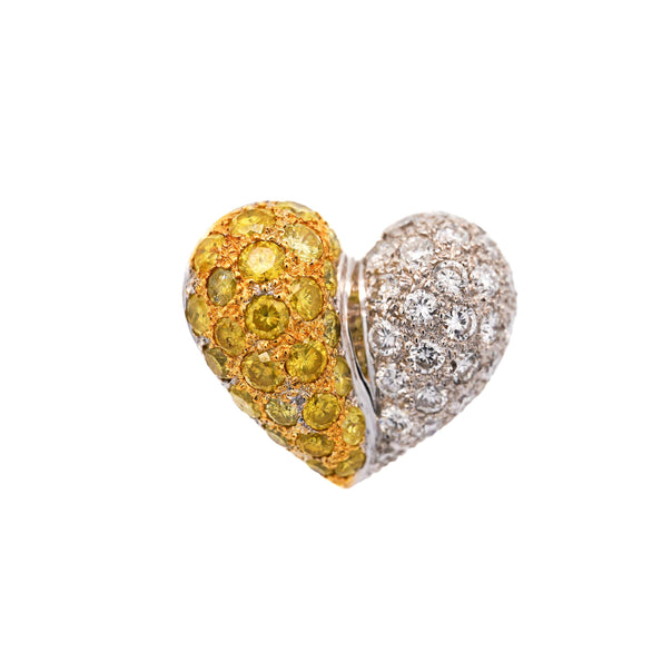 3.85 Carat Yellow & White Diamond 18K White Gold Pave Stud Heart Earring