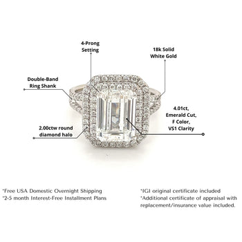 4 CARAT, couleur F, pureté VS1. Bague de fiançailles en or blanc avec diamant de laboratoire taille émeraude – Assay Jewelers