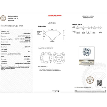 Bague solitaire en diamant de laboratoire taille Coussin 4.05 carat, couleur F, pureté VS1 – Assay Jewelers