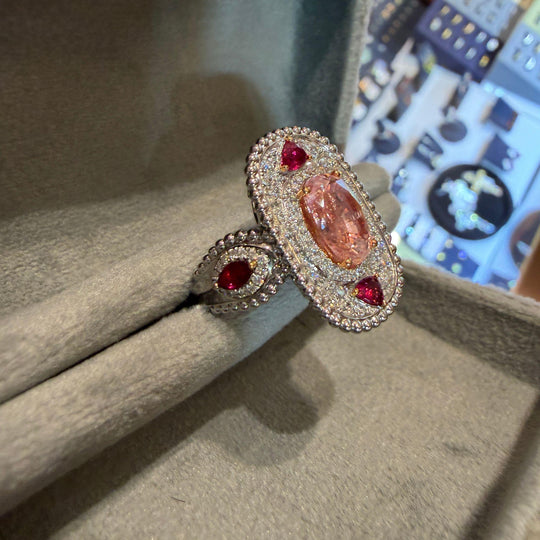 4.05 Carat Padparadscha Sapphire No Heat Sri Lanka With Ruby and Diamond Ring