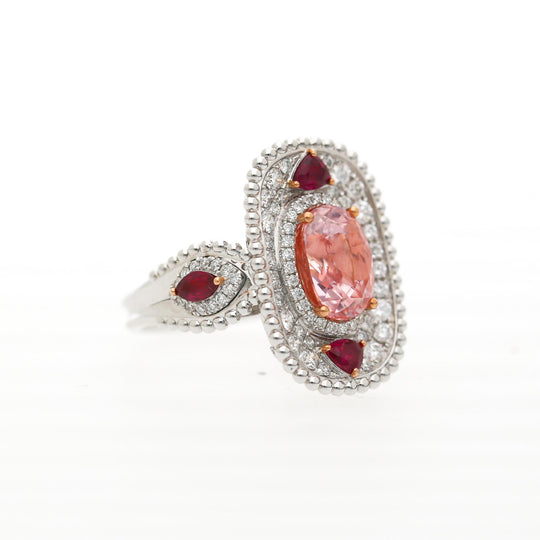 4.05 Carat Padparadscha Sapphire No Heat Sri Lanka With Ruby and Diamond Ring