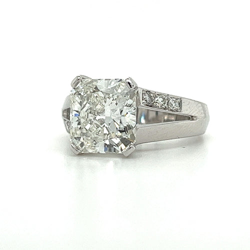 4.11 Carat Radiant Cut Lab Grown Diamond in Split-Shank Diamond Side Stone Ring