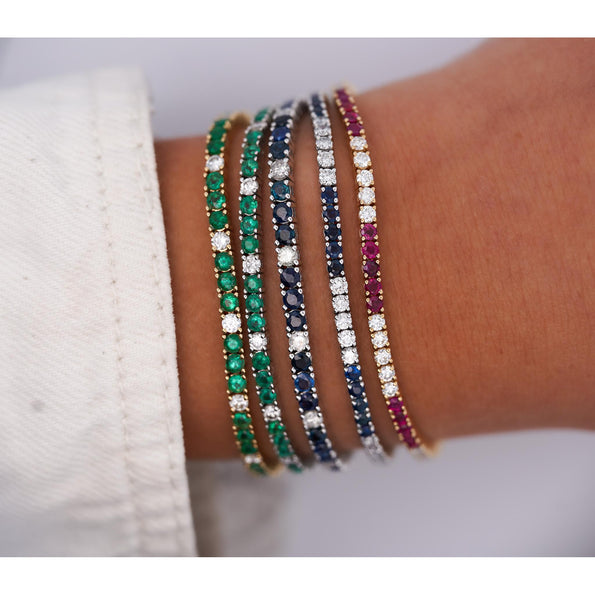4.26 Carat Emerald and Diamond Tennis 4 Prong Bracelet In 14K Gold