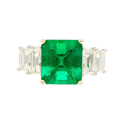 4.26 Carat Vivid Green Colombian Muzo Mine Emerald & Emerald Cut Side Diamond Ring