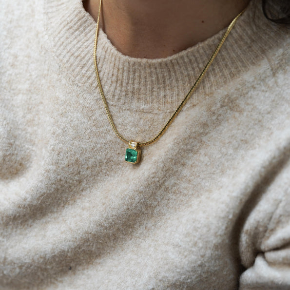 4.36 Carat Colombian Emerald Half Bezel 18K Gold Pendant Necklace