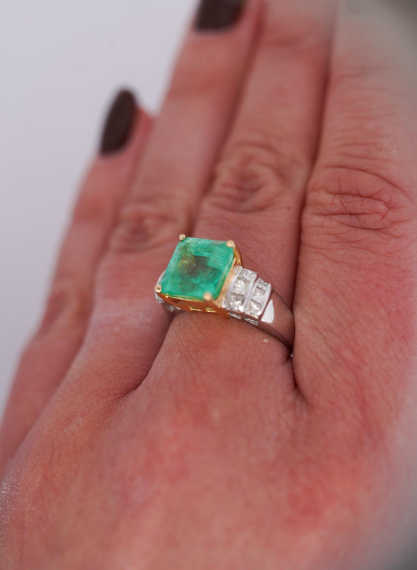 4.39 Carat Emerald Cut Green Emerald & Princess Cut Diamond 18K Two Tone Ring