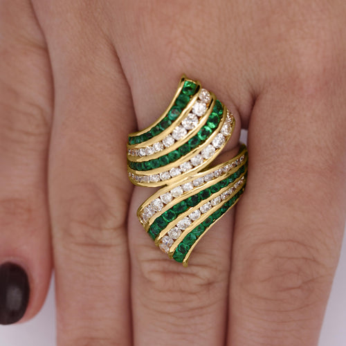 4.42 Carat Emerald & Diamond Pave 18K Gold Bypass Cluster Ring