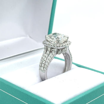 4.44 Carat F/VVS2 Cushion Cut Lab Grown Diamond in 3 Row Split Shank Diamond Halo Ring – Assay Jewelers