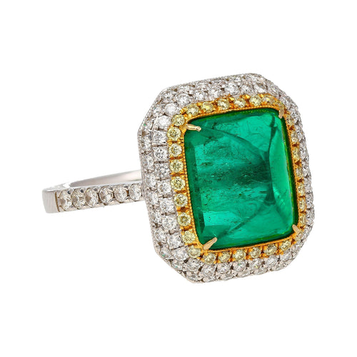 4.49 Carat Sugarloaf Cabochon Cut Colombian Emerald and Diamond Halo Ring in 18k White Gold