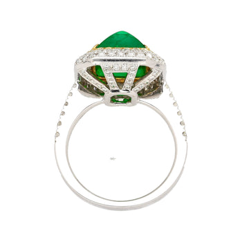 4.49 Carat Sugarloaf Cabochon Cut Colombian Emerald and Diamond Halo Ring in 18k White Gold – Assay Jewelers