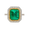 4.49 Carat Sugarloaf Cabochon Cut Colombian Emerald and Diamond Halo Ring in 18k White Gold