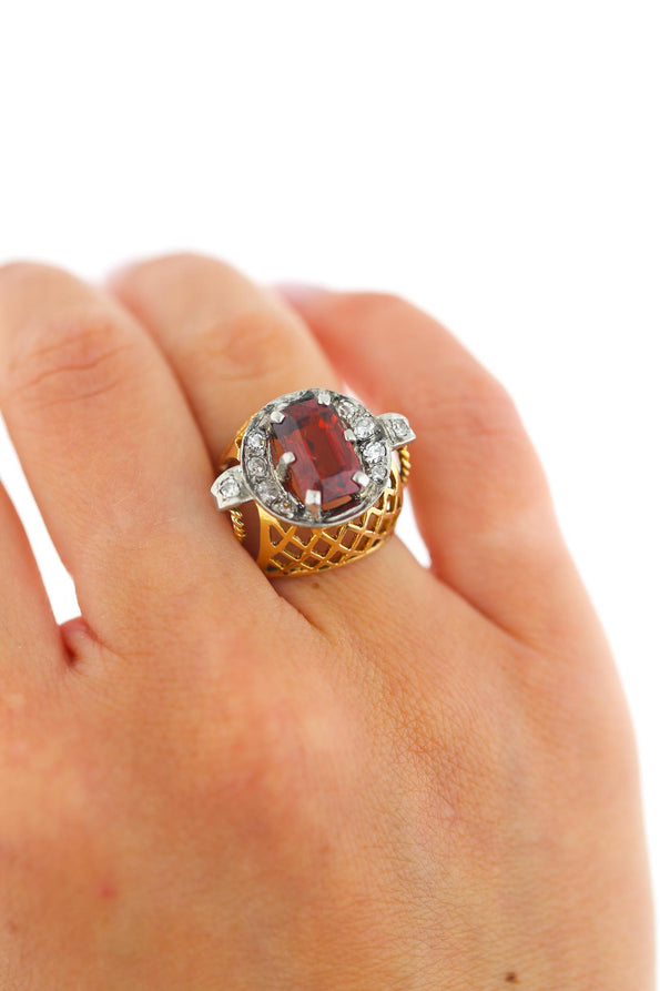 4.65 Carat Spessartine Garnet Diamond Lattice Wide Band 18K Two Tone Gold Ring