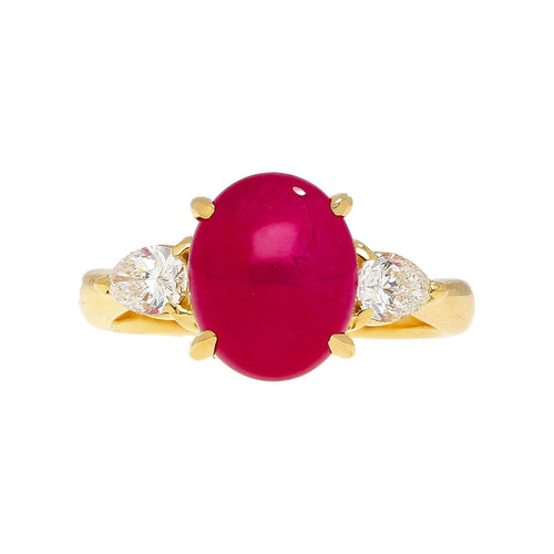 4.93 Carat Cabochon Cut Ruby & Oval Cut Diamond Three Stone 18K Ring