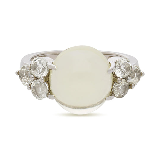 5 Carat Oval Cabochon Moonstone & Round Aquamarine 14K White Gold Cocktail Ring