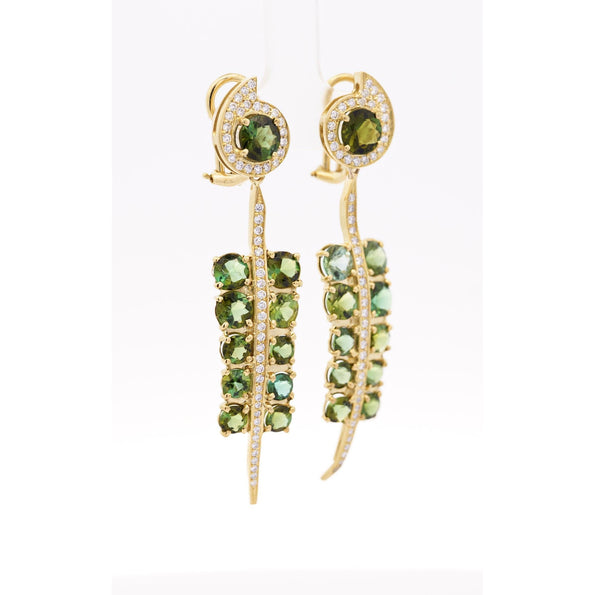 5 Carat Round Cut Green Tourmaline and Diamond Dangle Drop Earrings