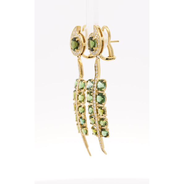 5 Carat Round Cut Green Tourmaline and Diamond Dangle Drop Earrings