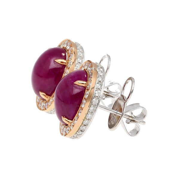 57.95 Carat Cabochon Cut Deep Pink Ruby & Diamond Halo Earrings & Necklace Set