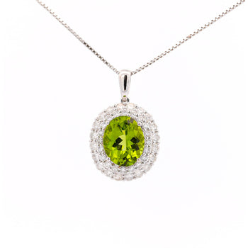 5.03 Carat Pendant con peridoto taglio ovale e halo di diamanti taglio rotondo in oro bianco 18K – Assay Jewelers