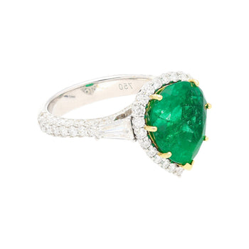 5.12 Carat Pear Cut Colombian Emerald Ring with Baguette Diamond Sides in 18K Gold – Assay Jewelers