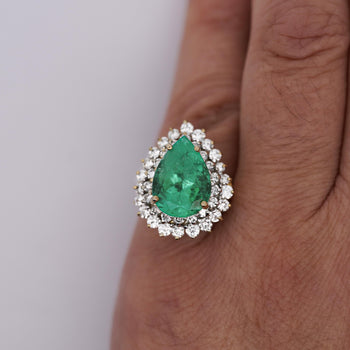 5.75 Carat Pear Cut Colombian Emerald Diamond Halo 18K Gold Emerald Ring – Assay Jewelers