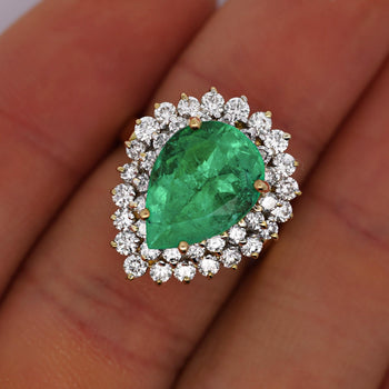 5.75 Carat Pear Cut Colombian Emerald Diamond Halo 18K Gold Emerald Ring – Assay Jewelers