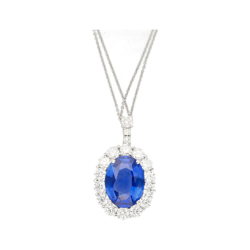 5.83 Carat Oval No Heat Sri Lanka Blue Sapphire & Diamond Pendant in Platinum