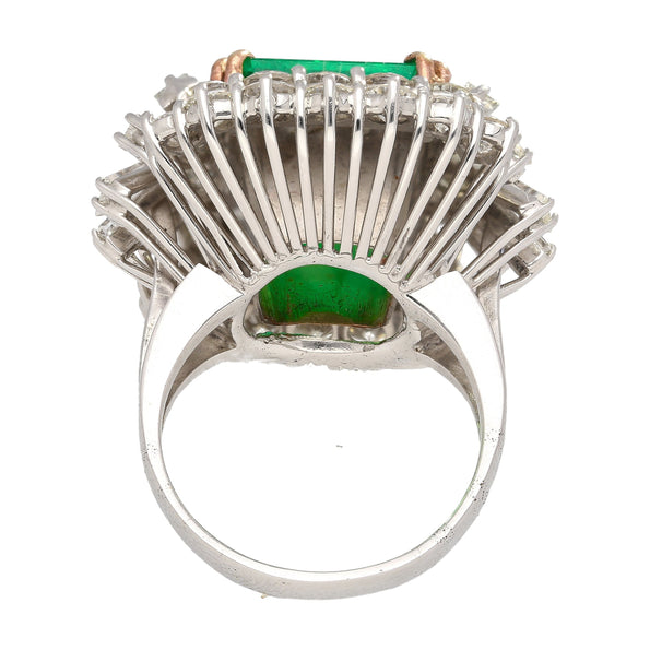 6.26 Carat Emerald Cut Emerald with Trillion and Round Cut Diamond Side Stone Ring in 18K White, Yellow Gold