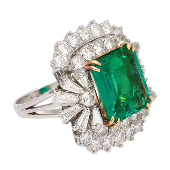 6.26 Carat Emerald Cut Emerald with Trillion and Round Cut Diamond Side Stone Ring in 18K White, Yellow Gold