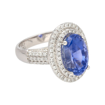6.34 Carat No Heat Oval Cut Blue Sapphire and Diamond Halo 18K Ring GRS Certified – Assay Jewelers