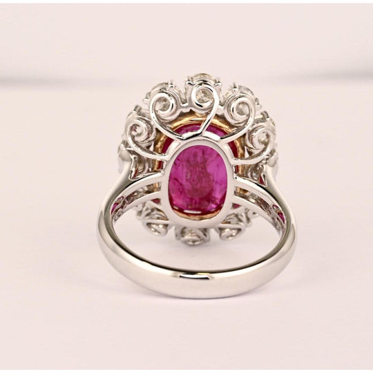 6.45 Carat No-Heat Burma Ruby Oval Cut & Round Diamond Halo Ring