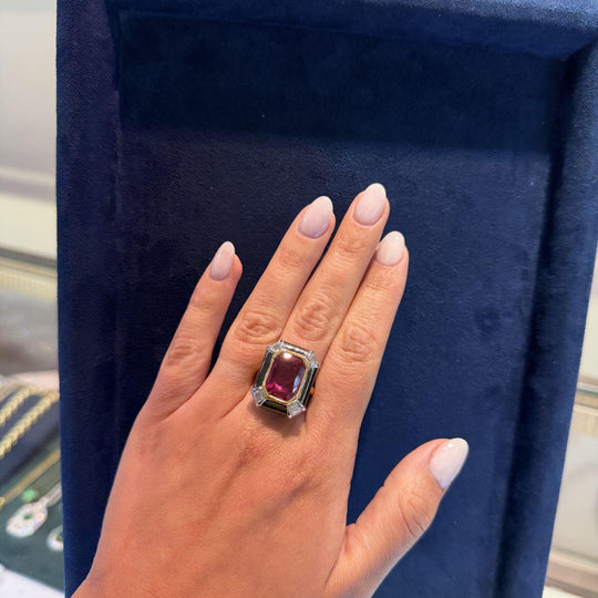 6.94 Carat Emerald Cut Ruby & Diamond 18K Black Bezel Gold Ring