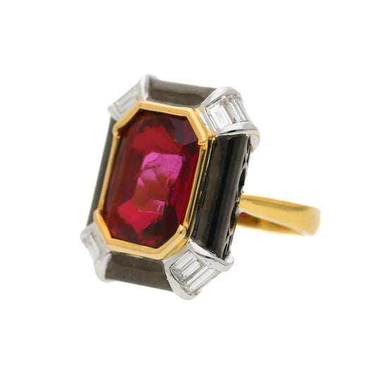 6.94 Carat Emerald Cut Ruby & Diamond 18K Black Bezel Gold Ring