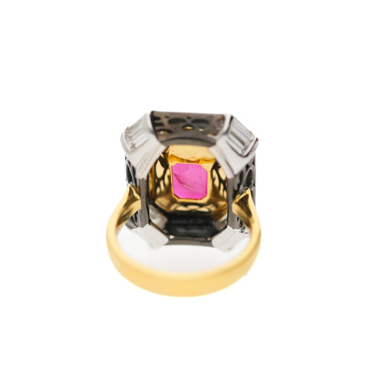 6.94 Carat Emerald Cut Ruby & Diamond 18K Black Bezel Gold Ring