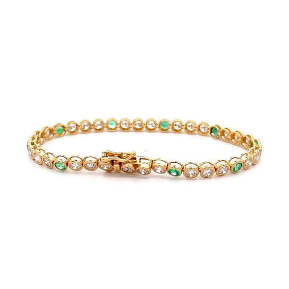 7 Carat Diamond and Emerald Bezel Set 14K Gold Tennis Bracelet