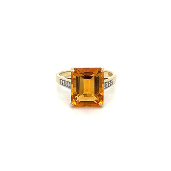 7 Carat Emerald Cut Citrine and Round Cut Diamond Ring in 14k Yellow Gold – Assay Jewelers