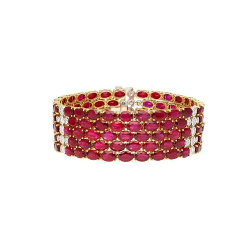 72.51 Carat Natural Oval Cut Ruby 5-Row Multi Link Tennis Bracelet in 18K Gold