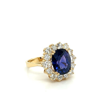 7.15 Carat Oval Cut Blue Sapphire & Diamond Halo Ring in 14K Yellow Gold – Assay Jewelers