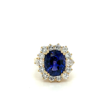 7.15 Carat Oval Cut Blue Sapphire & Diamond Halo Ring in 14K Yellow Gold – Assay Jewelers