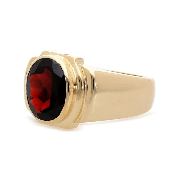 7.50 Carat Oval Checkerboard Red Garnet Bezel 14K Yellow Gold Mens Signet Ring