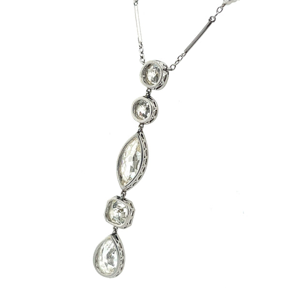 8 Carat TW Art Deco Antique Lariat Y Drop Necklace With Old Euro Cut Pear, Asscher, Marquise, Round & Cushion Cut Natural Diamonds